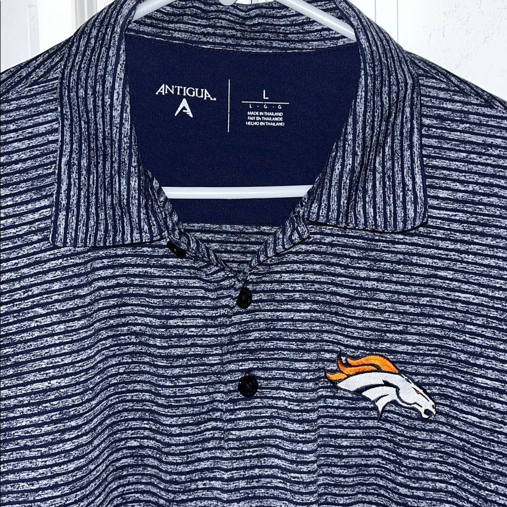 Denver Broncos NFL Blue Gray Stripe Golf polyester mens polo Shirt L Antigua